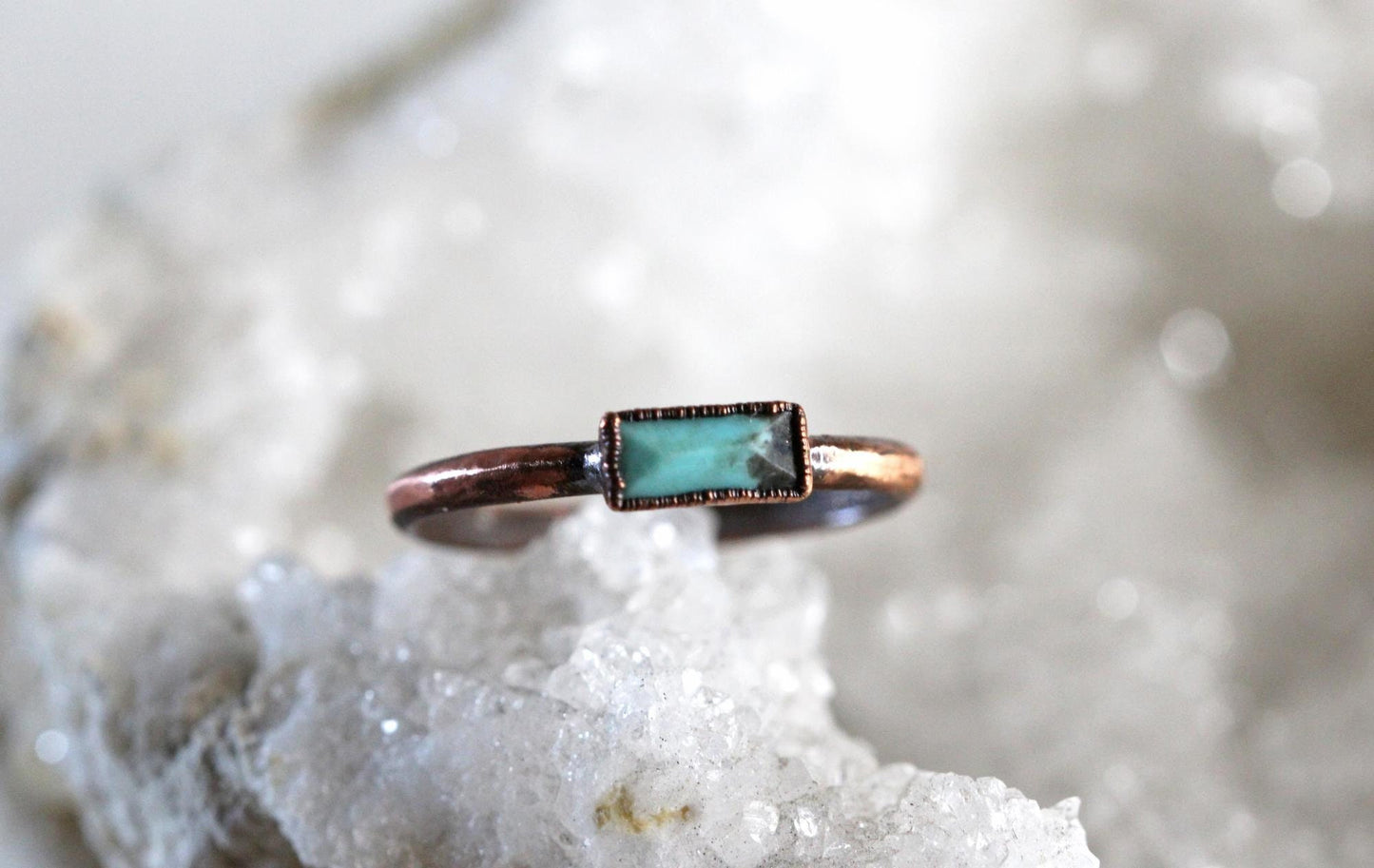 Genuine Turquoise Ring - Electroformed Copper - Small Stacking Ring