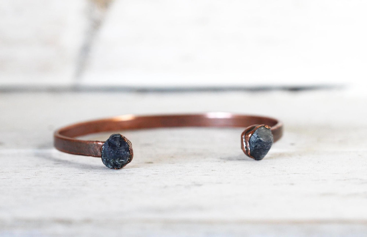 Raw Sapphire Bracelet - September Birthstone - Open Copper Cuff - Raw Crystal Bracelet - Double Stone Bracelet