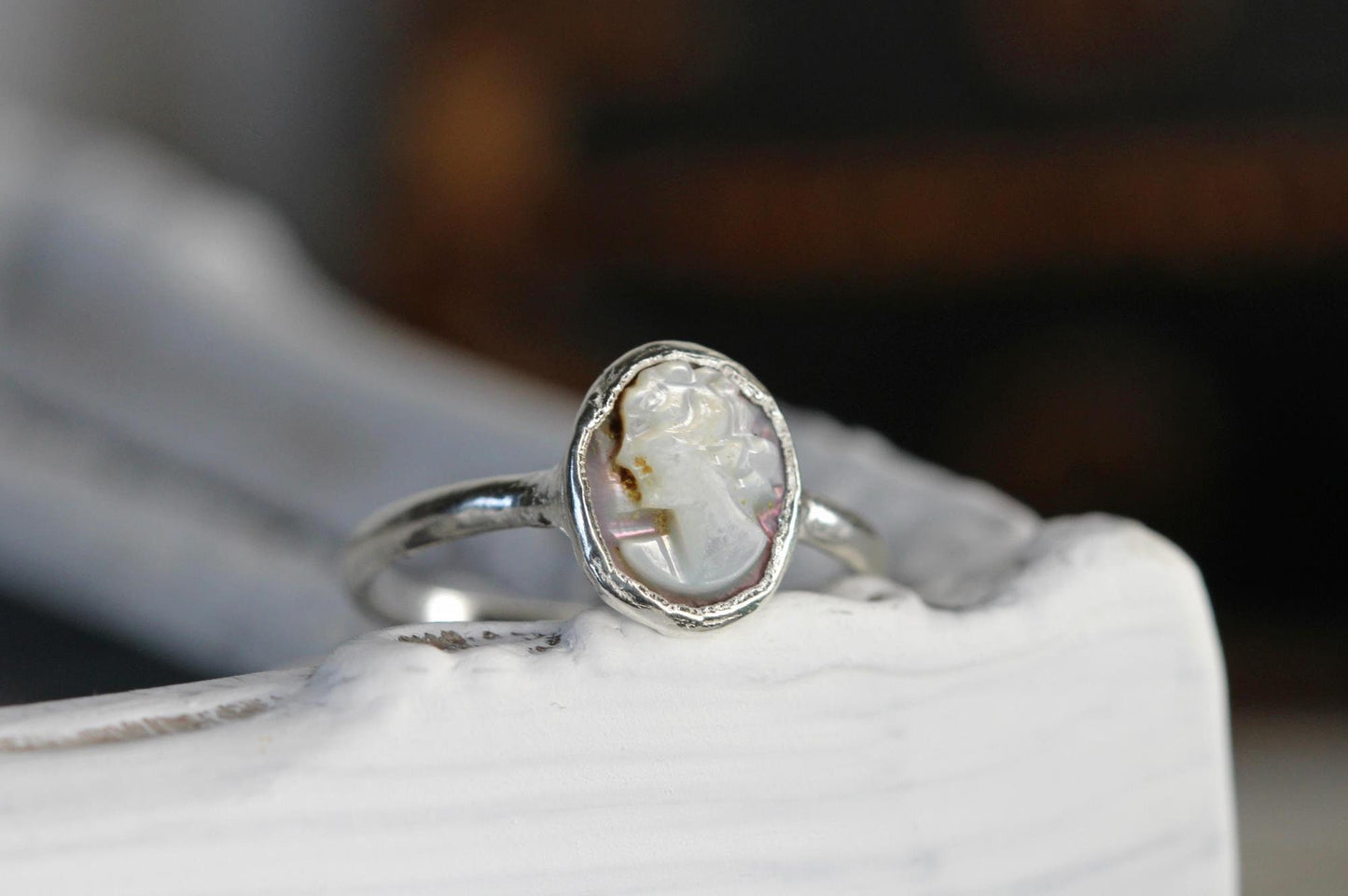 Cameo Ring - Tahitian Black Pearl Ring - Handcarved Ring - Antique Cameo Jewelry