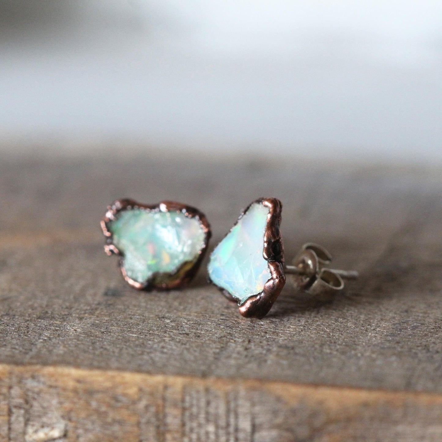 Opal Earrings - Raw Stone Studs - Rough Ethiopian Opal