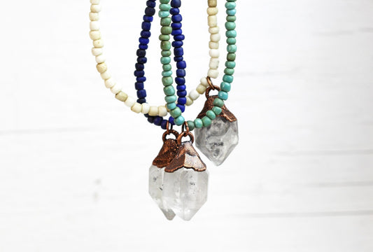 Raw Crystal Necklace - Clear Quartz Point Pendant - Beaded Stone - Layering Necklace
