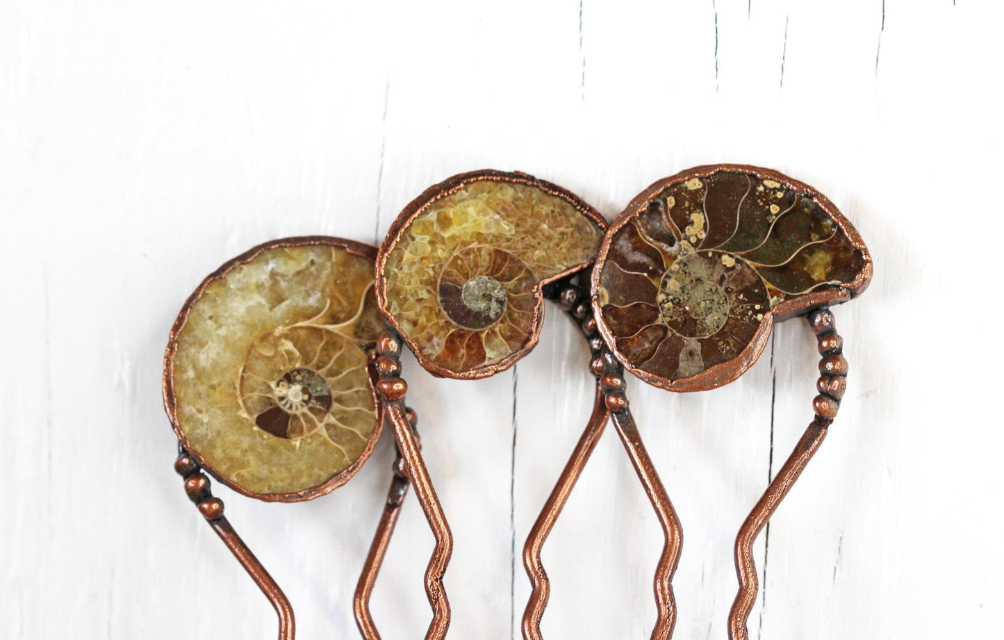 Ammonite Hair Fork - Copper Hair Jewelry - Fossilized Hair Accessory