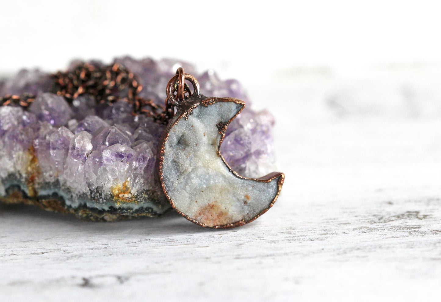 Crescent Moon Necklace - Raw Crystal Pendant - Half Moon Necklace - Druzy Crystal - Crescent Moon Jewelry