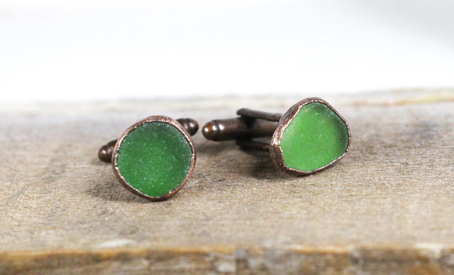 Beach Glass Cufflinks - Gift for Dad - Green Seaglass Cuff Links