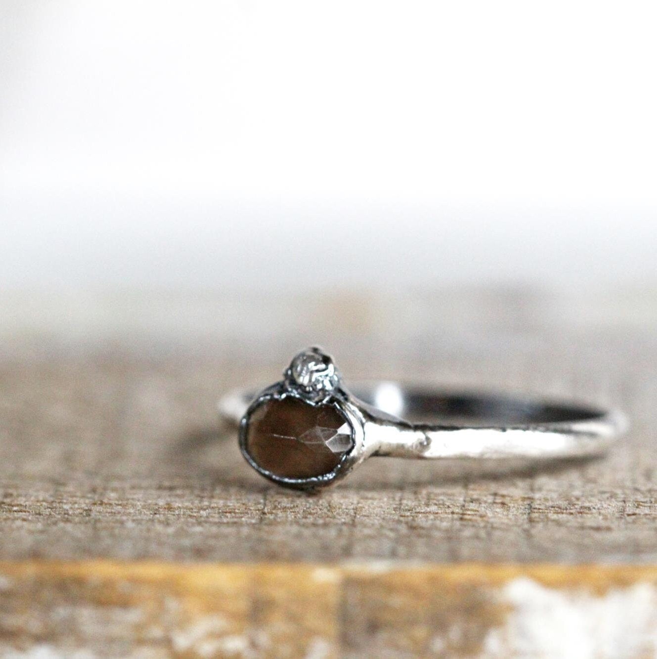 Smoky Quartz Ring - Raw Diamond Jewelry - Faceted Oval Stone