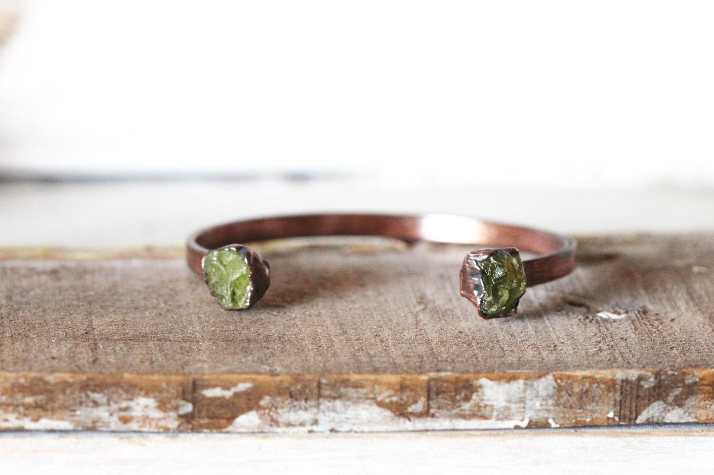 Raw Peridot Bracelet - August Birthstone - Open Copper Cuff - Raw Crystal Bracelet - Double Stone Bracelet