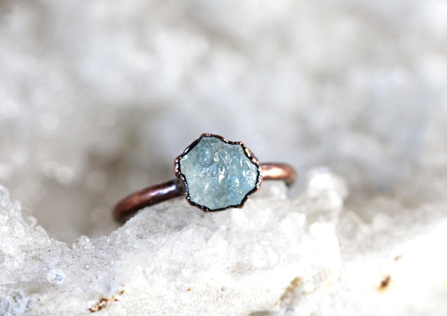 Raw Aquamarine Ring -  Electroformed Jewelry - Rose Gold Plated
