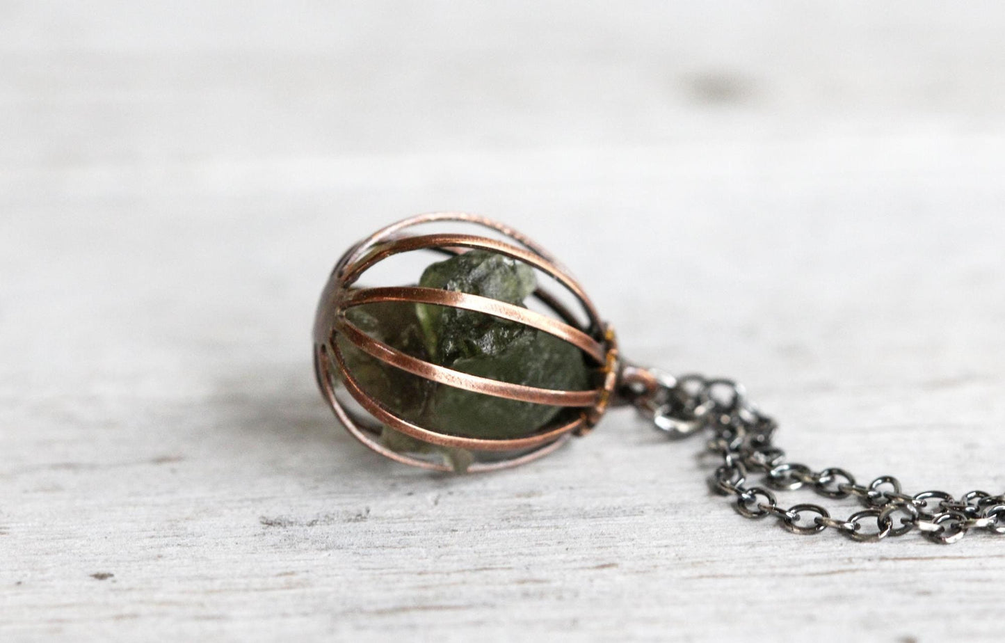 Moldavite Pendant - Vintage Cage Necklace - Mixed Metal Jewelry