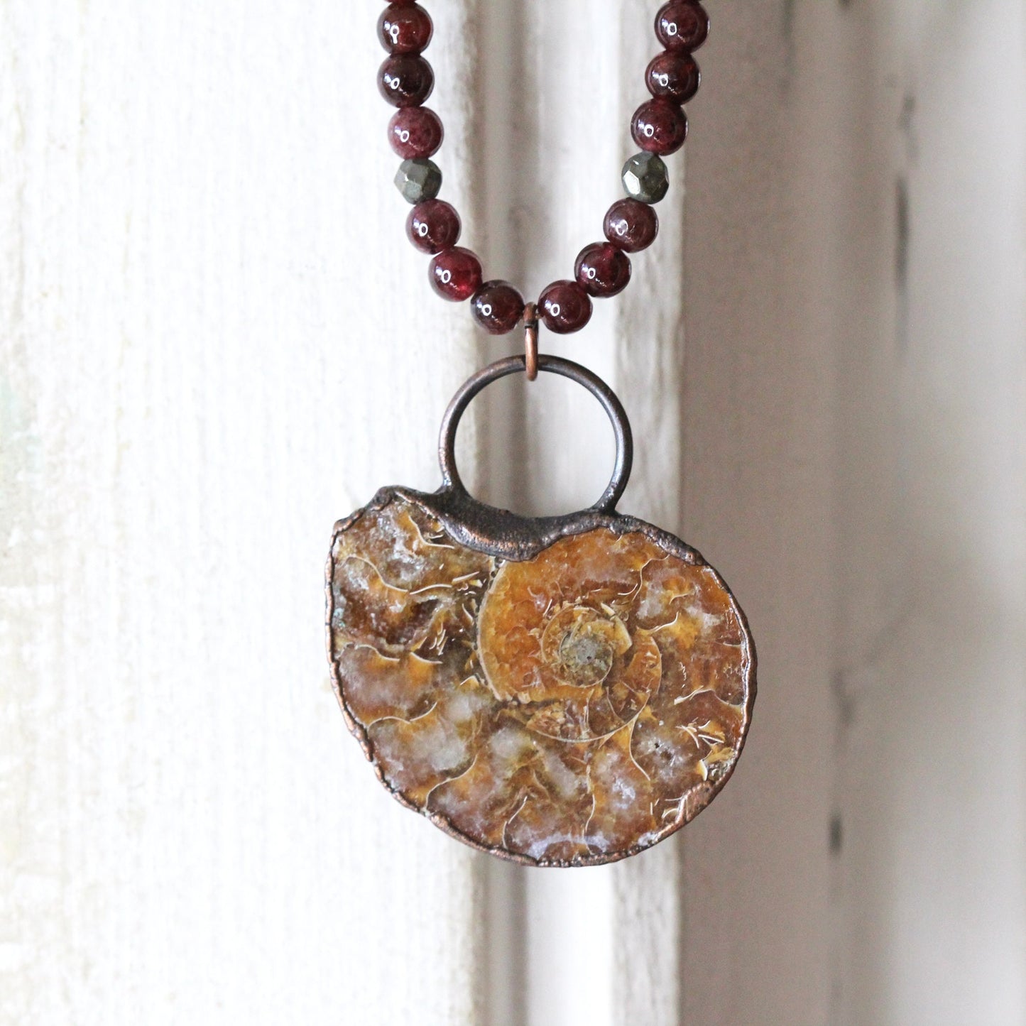 Ammonite Necklace - Fossil Jewelry - Garnet Jewelry - Large Stone Pendant - Unisex Necklace - Beaded Necklace