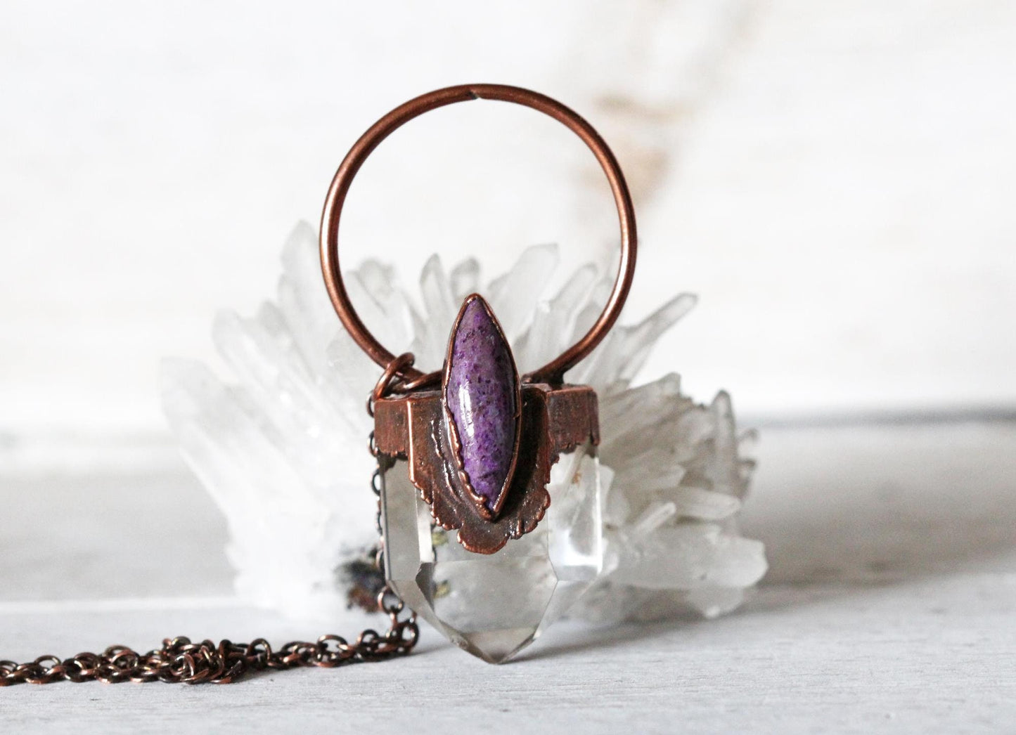 Phantom Quartz Necklace - Charoite Pendant - Electroformed Crystal