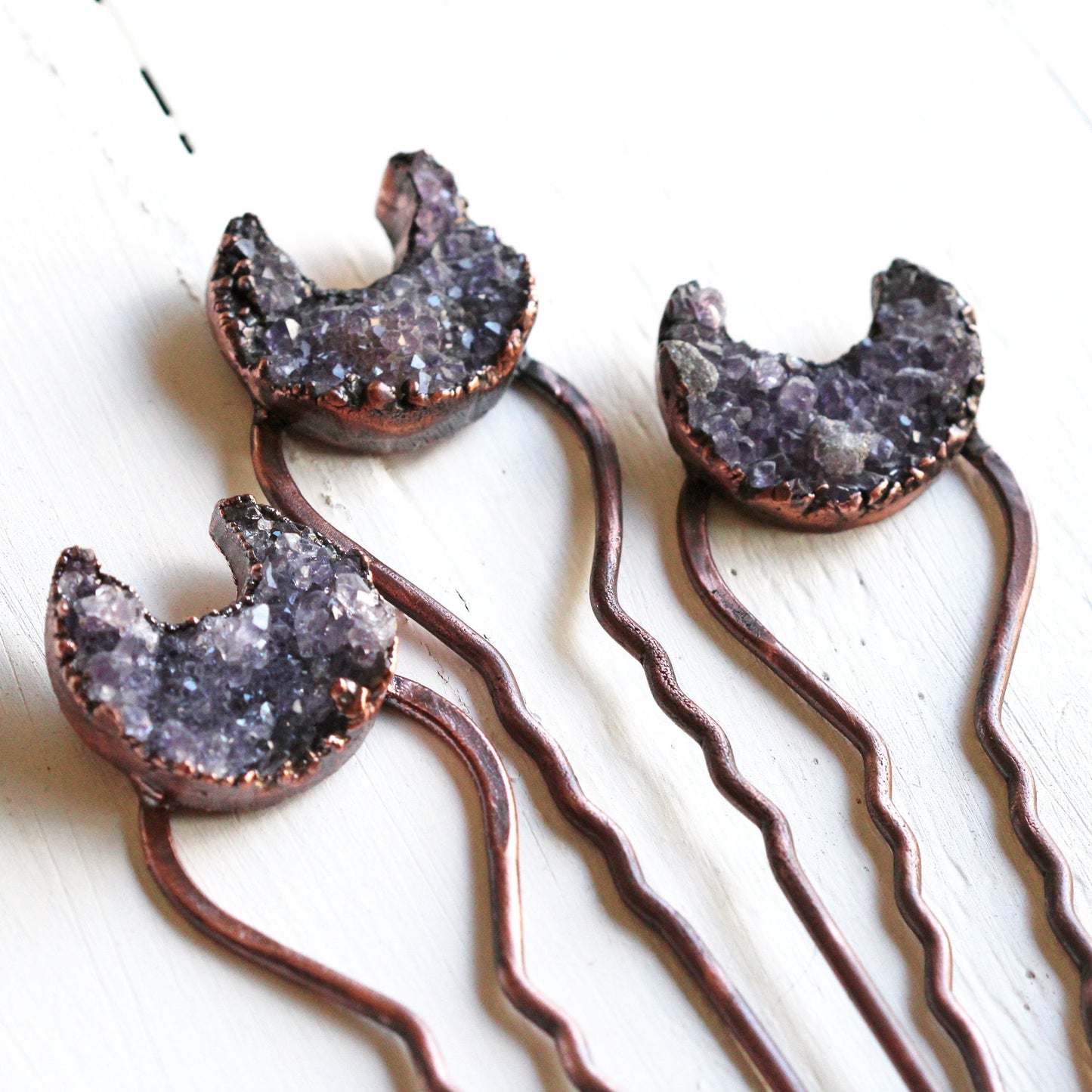 Amethyst Hair Fork - Raw Stone Hair Jewelry - Crescent Moon