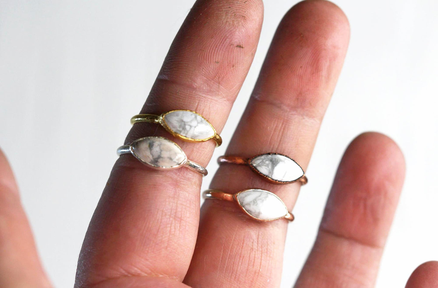 Howlite Ring - Simple Stone Stacker - Marquise Cabochon - Electroformed Stone