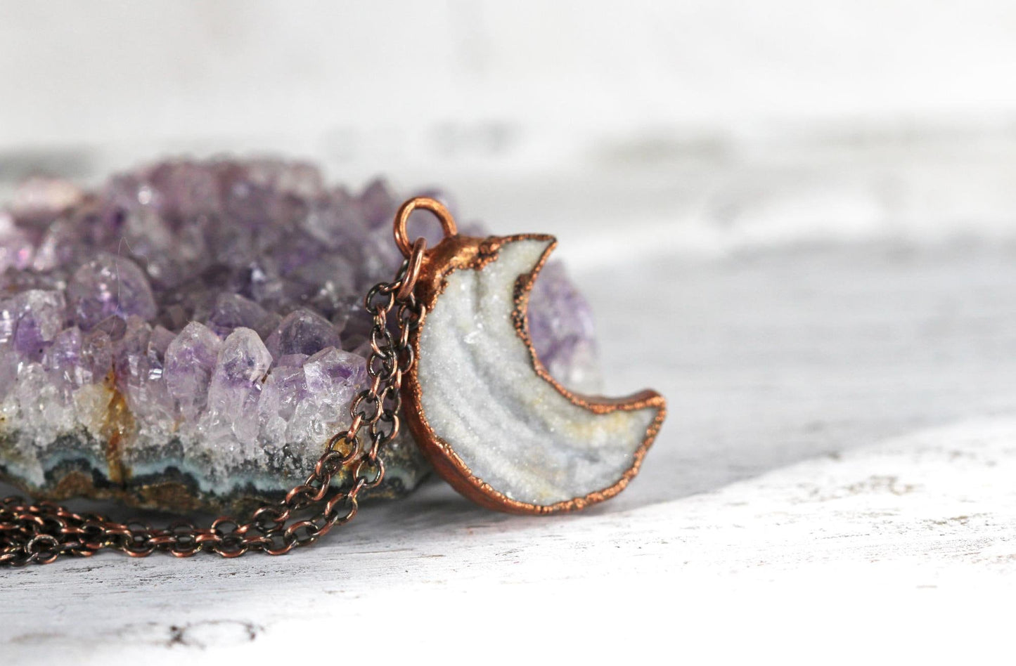 Crescent Moon Necklace - Raw Crystal Pendant - Half Moon Necklace - Druzy Crystal - Crescent Moon Jewelry