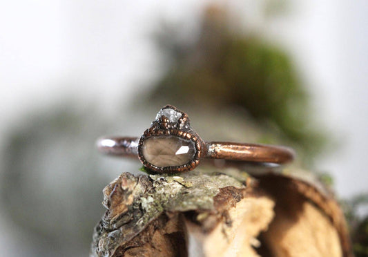 Smoky Quartz Ring - Raw Diamond Jewelry - Faceted Oval Stone