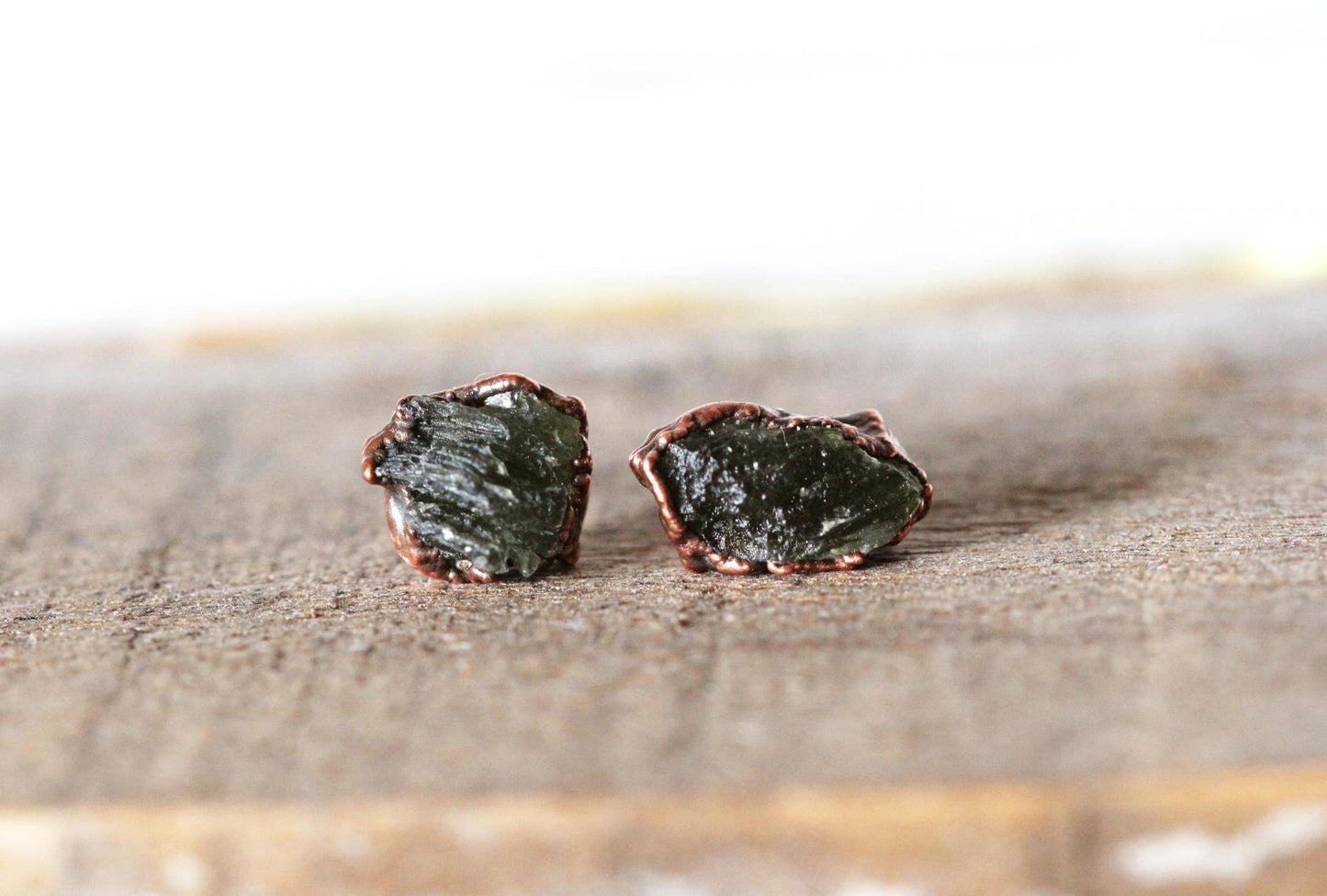 Moldavite Earrings - Sterling Silver Posts - Green Crystal Stud Earrings - Gold Moldavite Posts