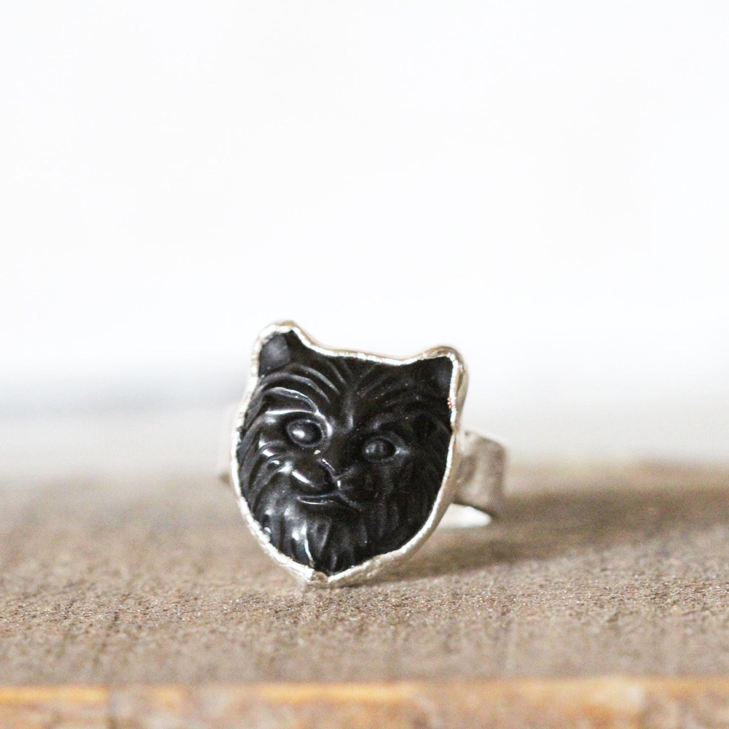 Cat Ring - Black Obsidian Jewelry - Carved Stone Ring