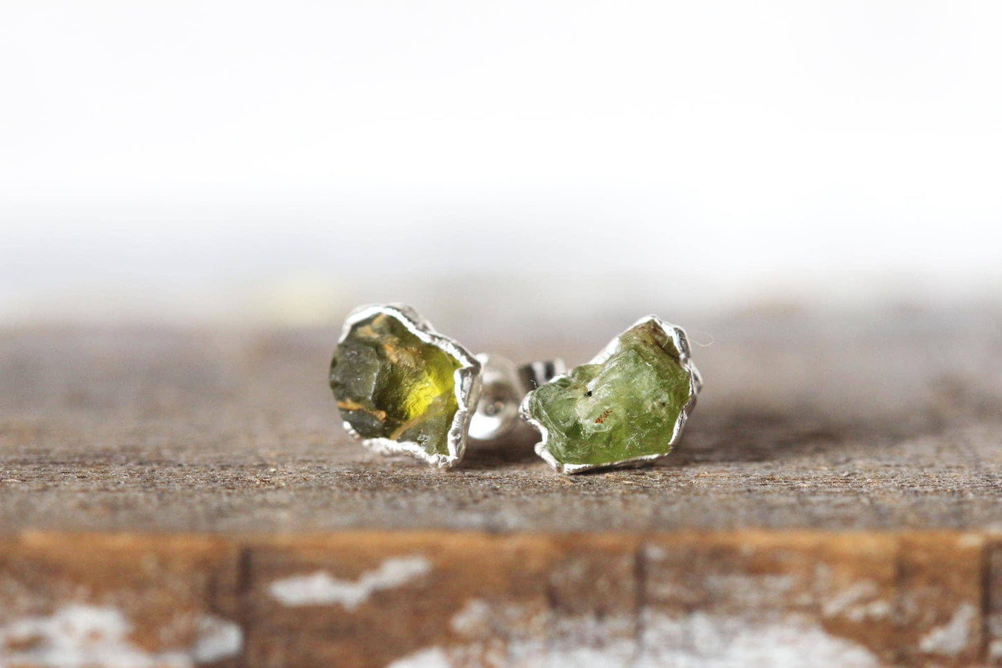 Peridot Earrings - Sterling Silver Studs - August Birthstone Jewelry - Electroformed Post Earrings