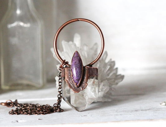 Phantom Quartz Necklace - Charoite Pendant - Electroformed Crystal