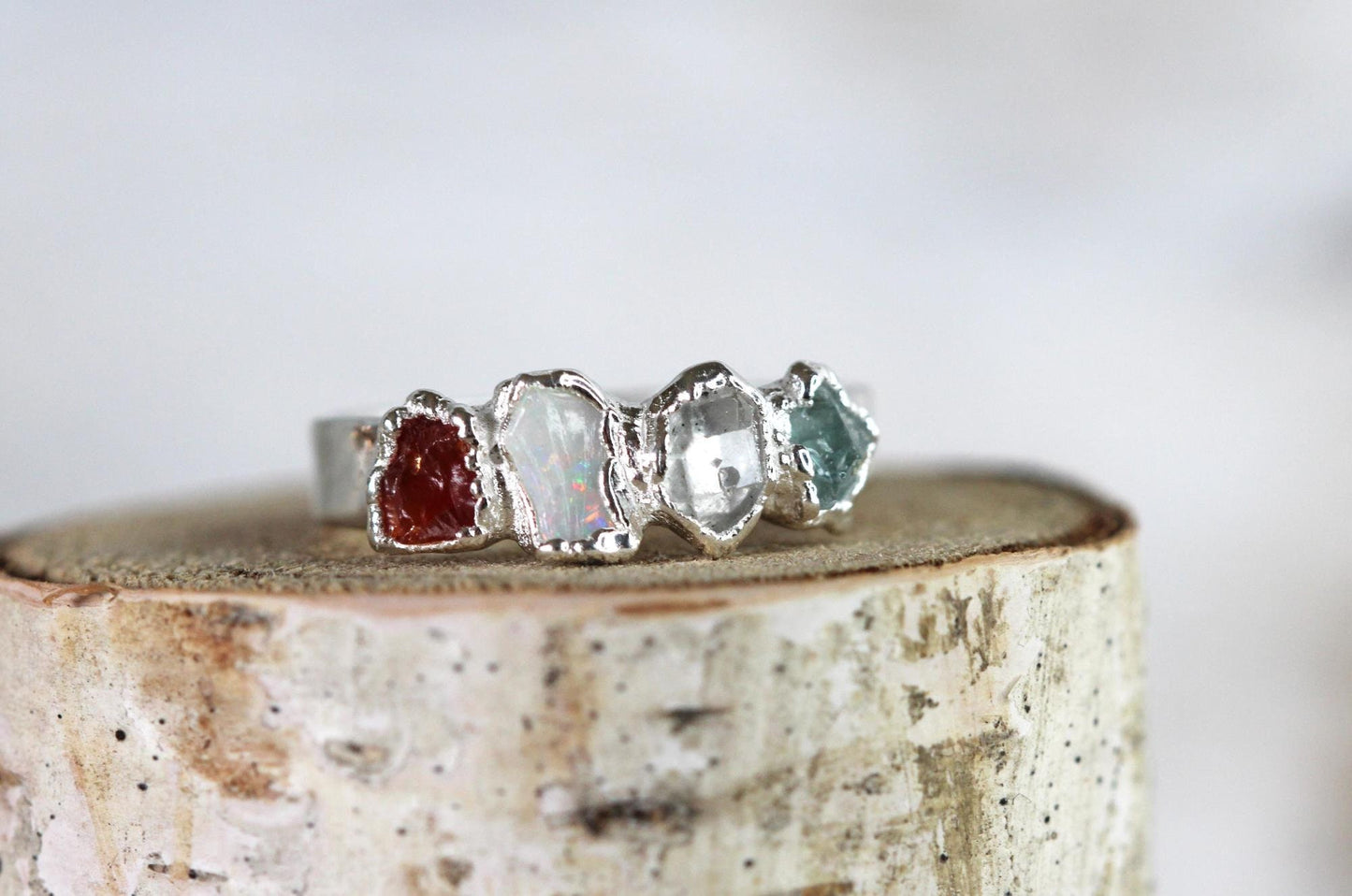 Raw Birthstone Ring - Personalized Gift for Mom - Multi Stone Crystal Ring - Mother's Day Ring