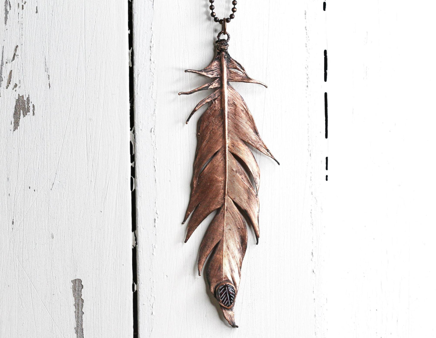 Feather Necklace - Garnet Pendant - Real Copper Feather Pendant - Electroformed Feather