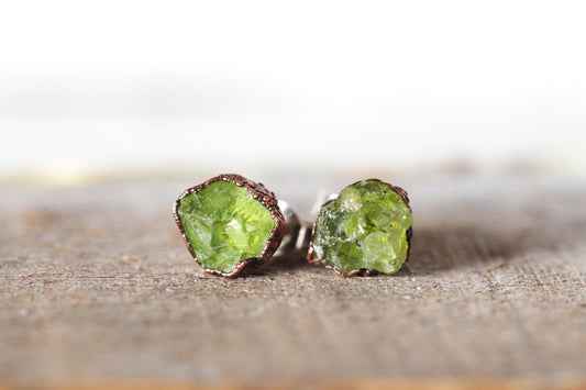 Peridot Earrings - Sterling Silver Studs - August Birthstone Jewelry - Electroformed Post Earrings