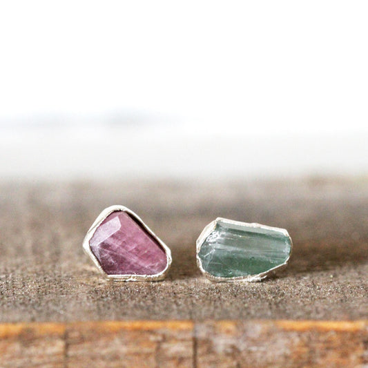 Tourmaline Earrings - Mismatched Stone Studs - Stone Post Earrings