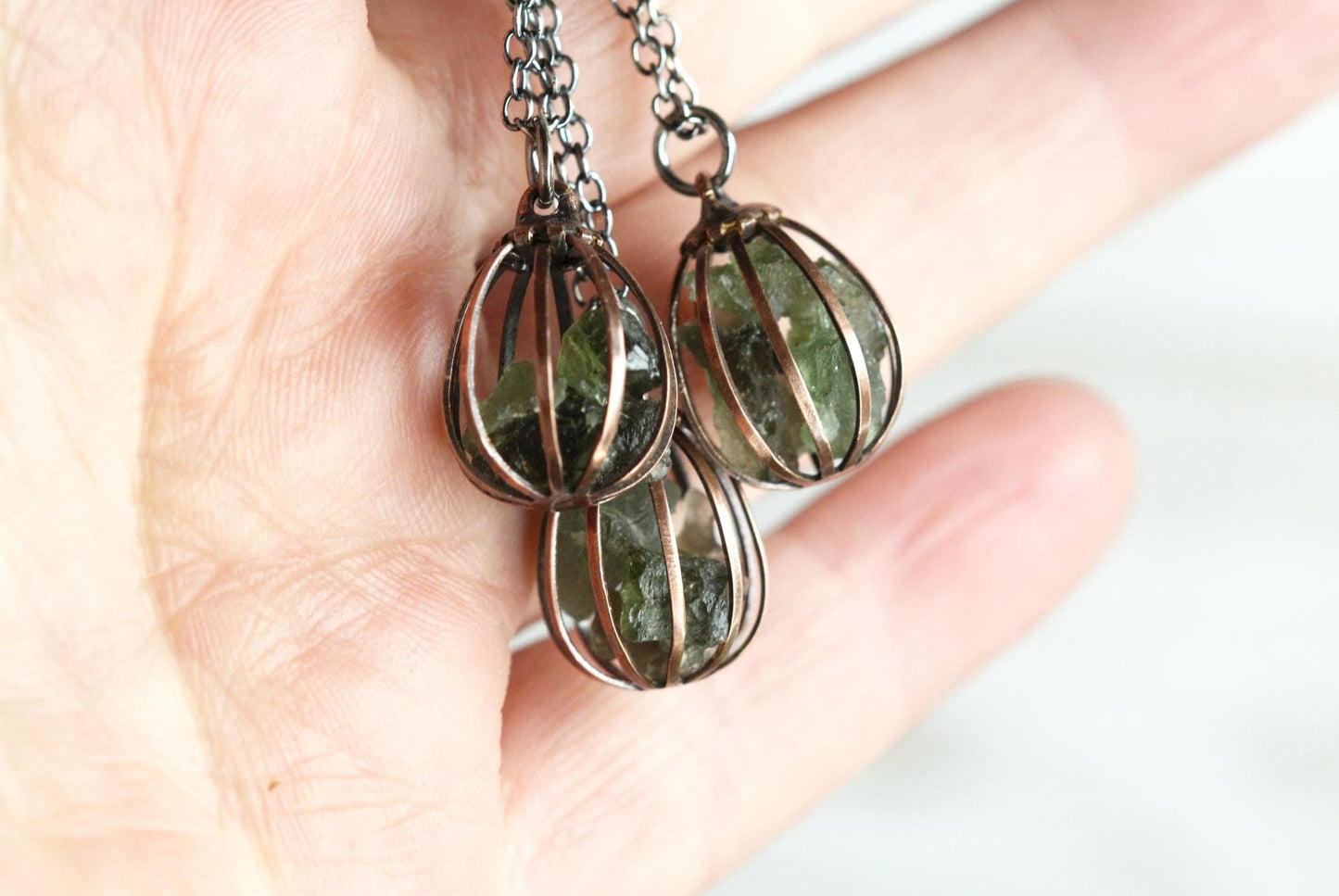 Moldavite Pendant - Vintage Cage Necklace - Mixed Metal Jewelry