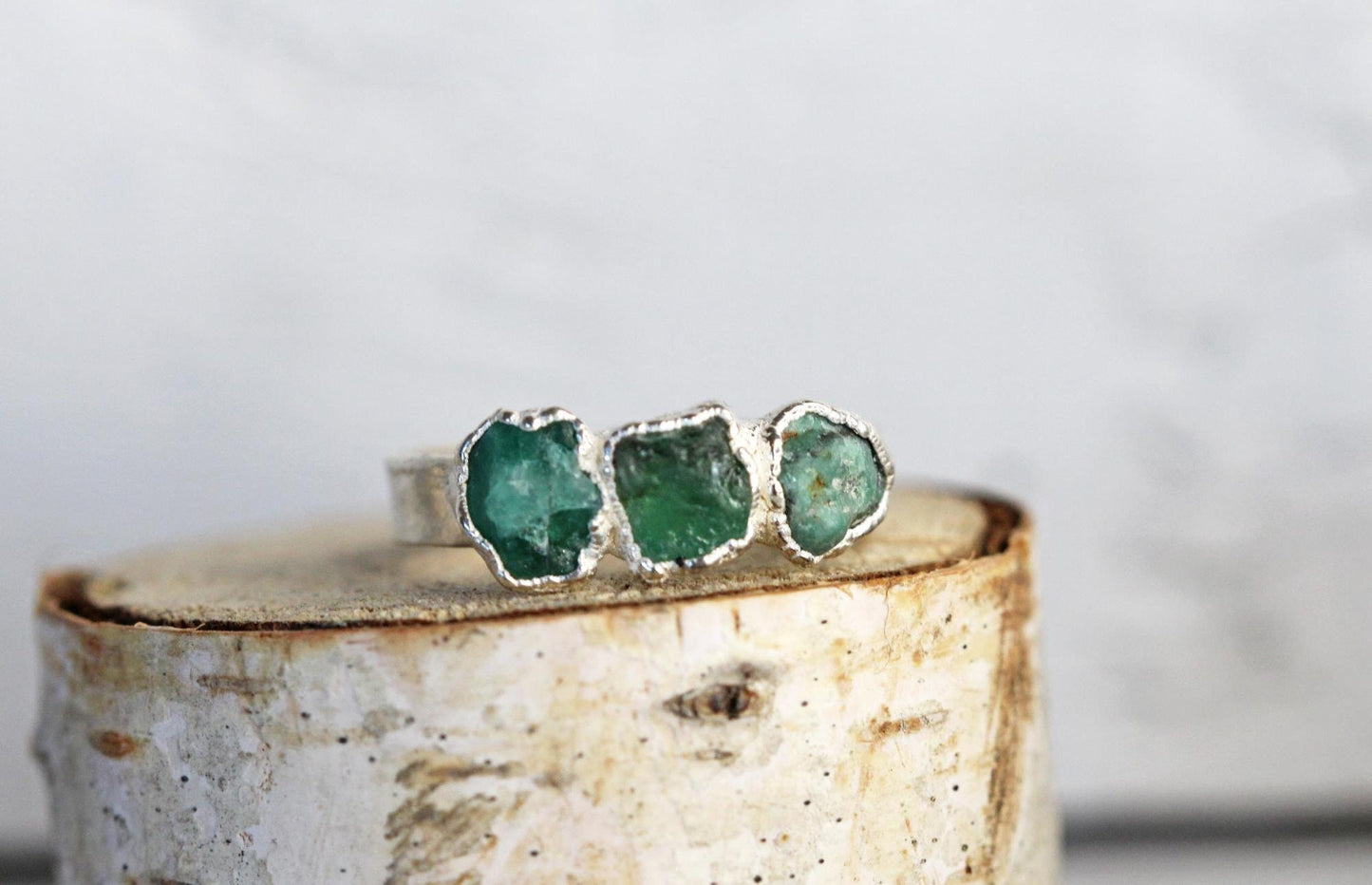 Raw Emerald Ring - Triple Stone Ring - Unisex Jewelry