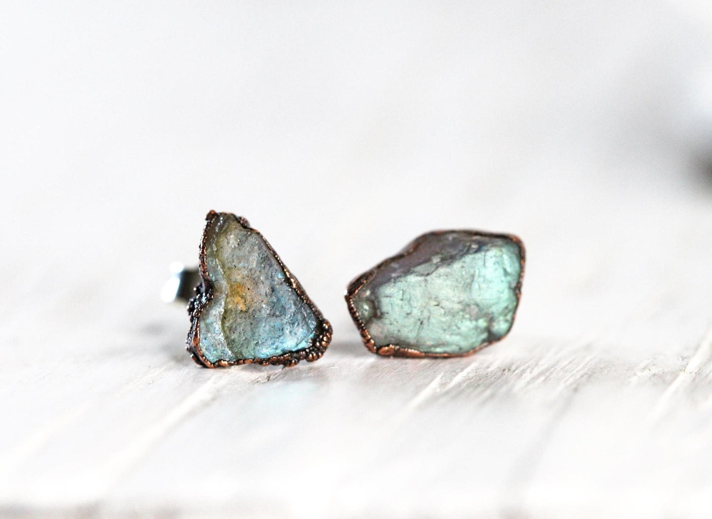 Raw Labradorite Studs - Labradorite Earrings - Raw Stone Copper Earrings