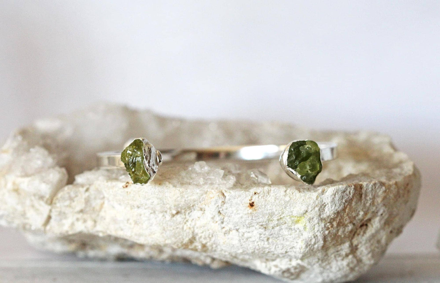Raw Peridot Bracelet - August Birthstone - Open Copper Cuff - Raw Crystal Bracelet - Double Stone Bracelet