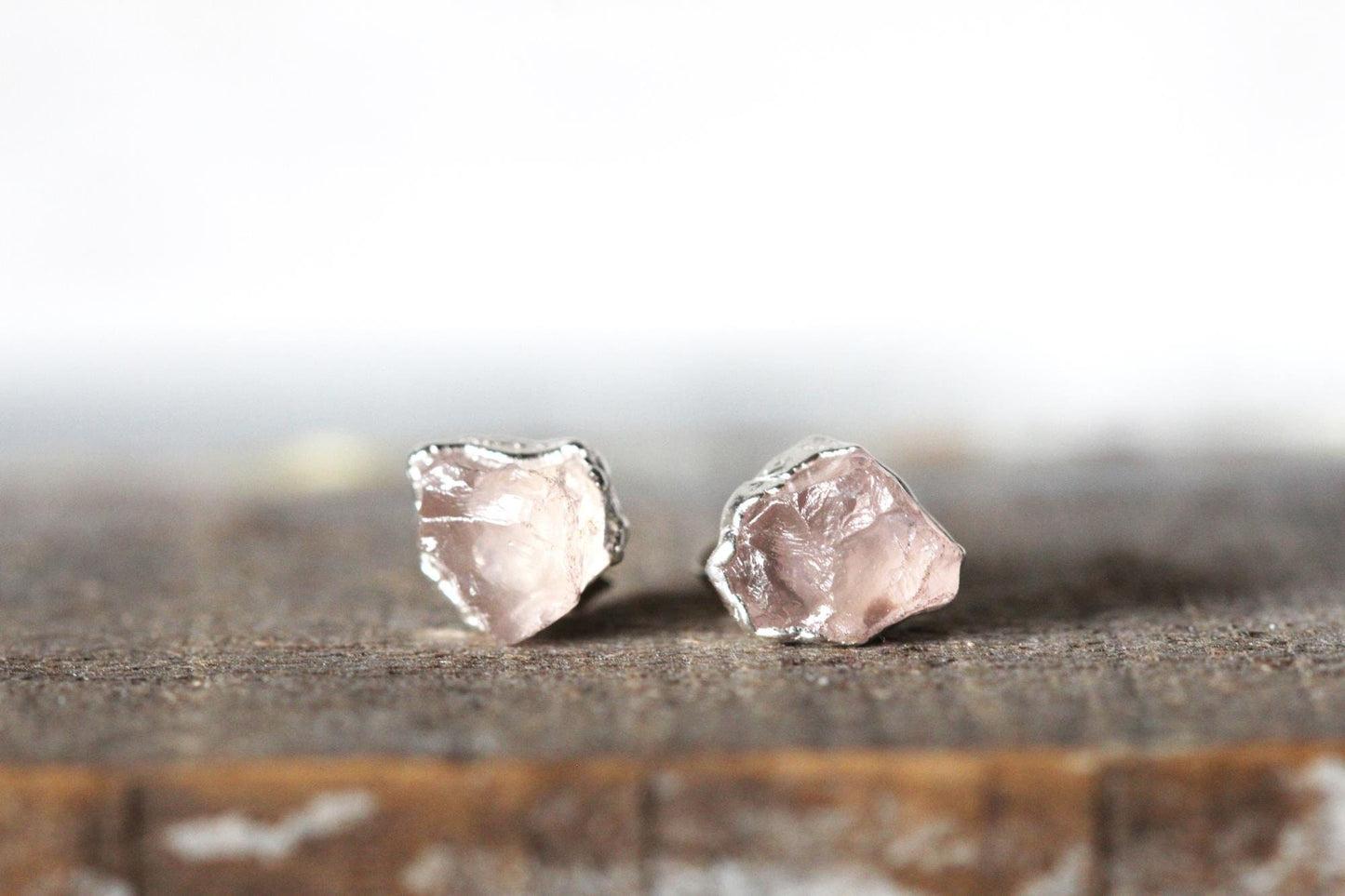 Rose Quartz Earrings - Pink Stone Posts - Raw Crystal Earrings - Sterling Silver Stud Earrings - Copper Jewelry