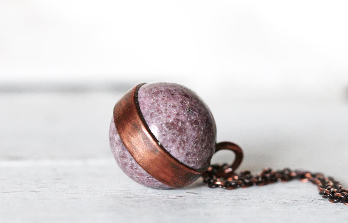 Lepidolite Necklace - Sphere Pendant - Electroformed Copper Jewelry