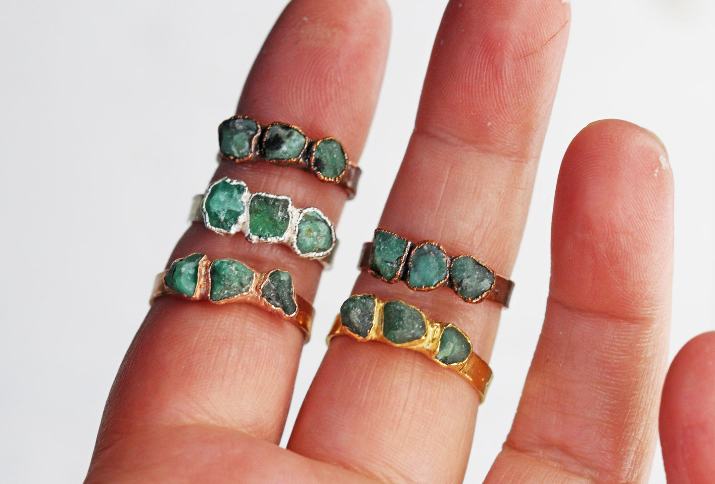 Raw Emerald Ring - Triple Stone Ring - Unisex Jewelry