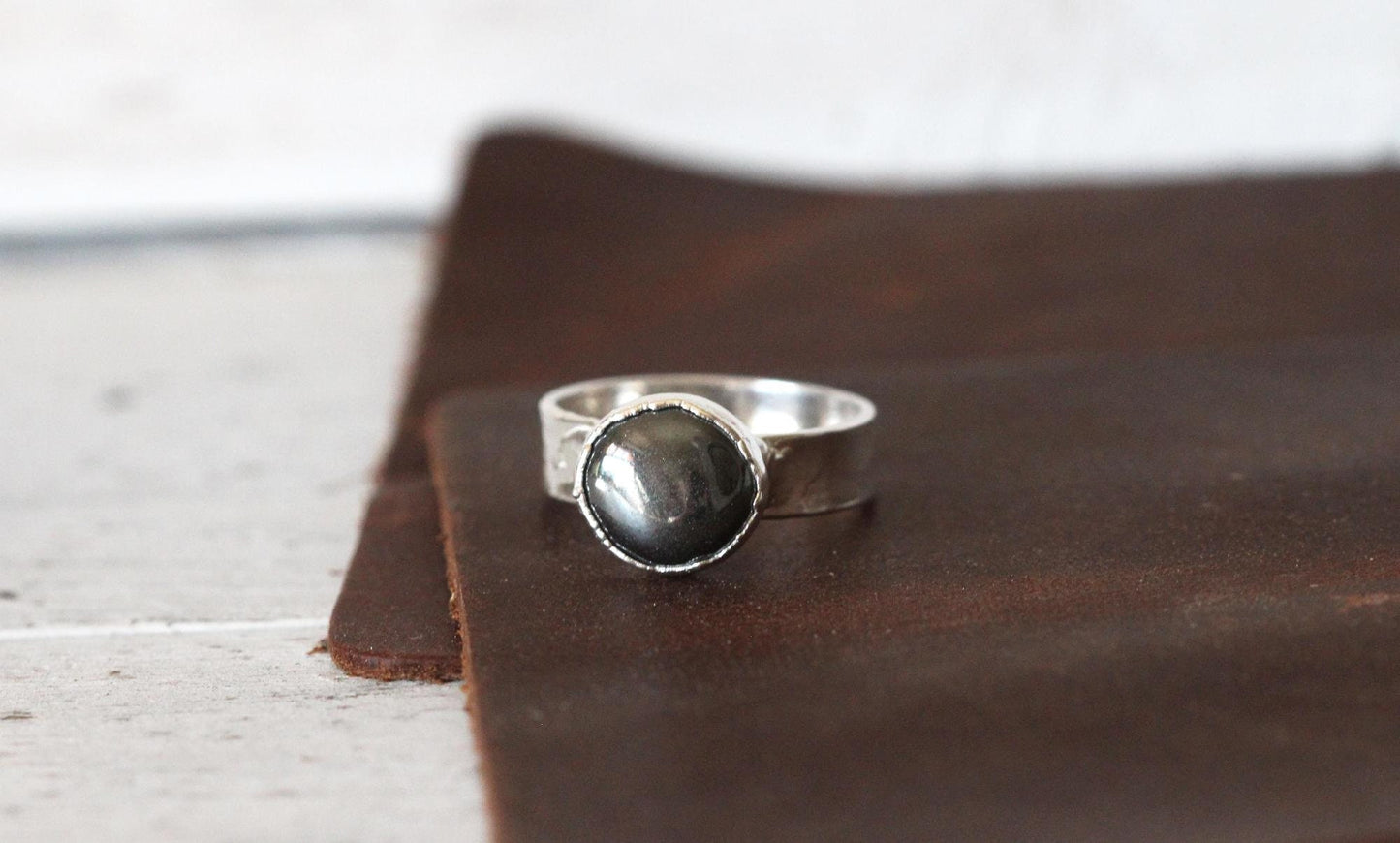 Tumbled Hematite Ring - Silver Grey Stone Ring - Men's Jewelry