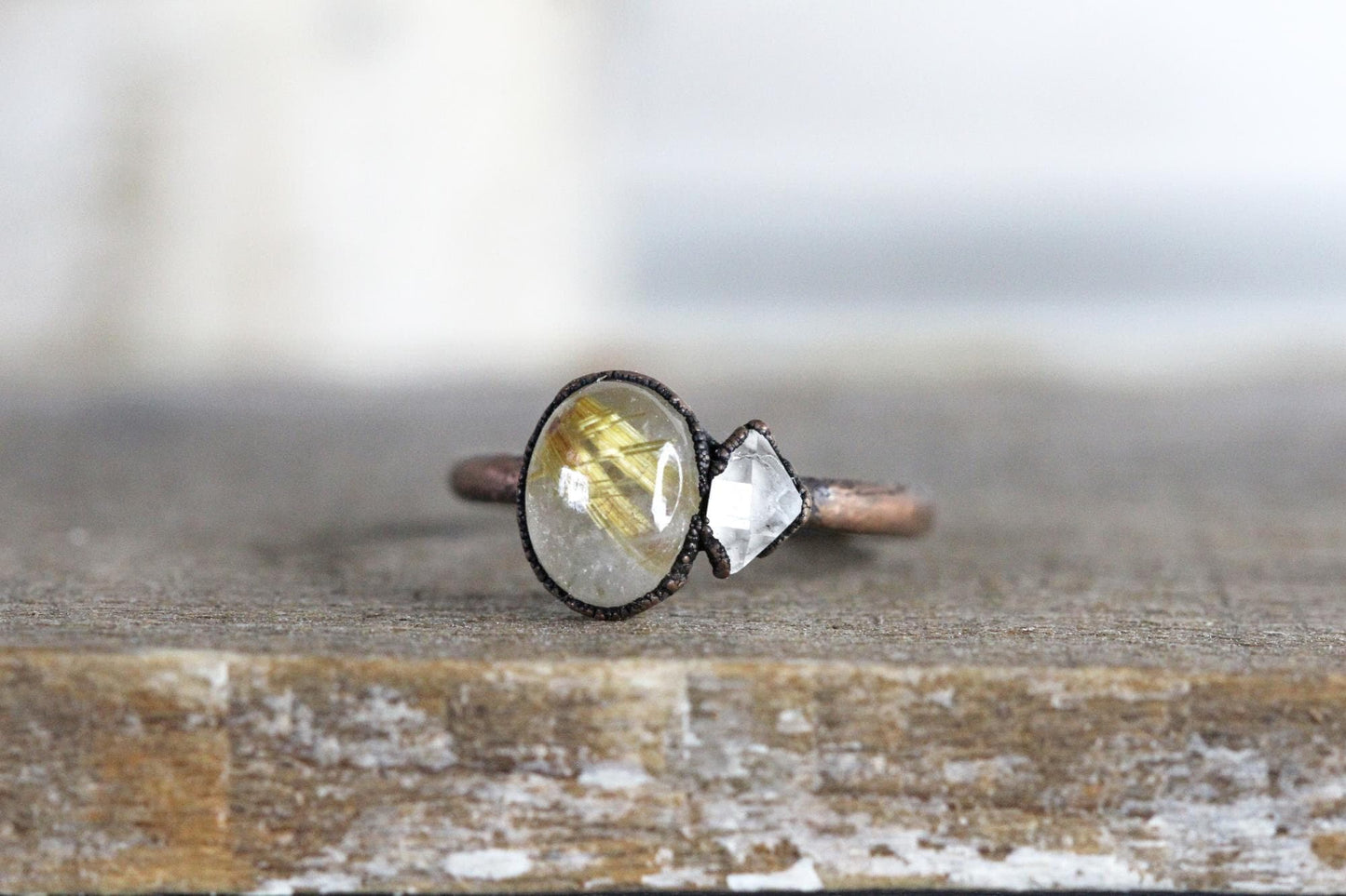 Rutilated Quartz Ring - Polished Golden Rutilated Cabochon - Herkimer Diamond