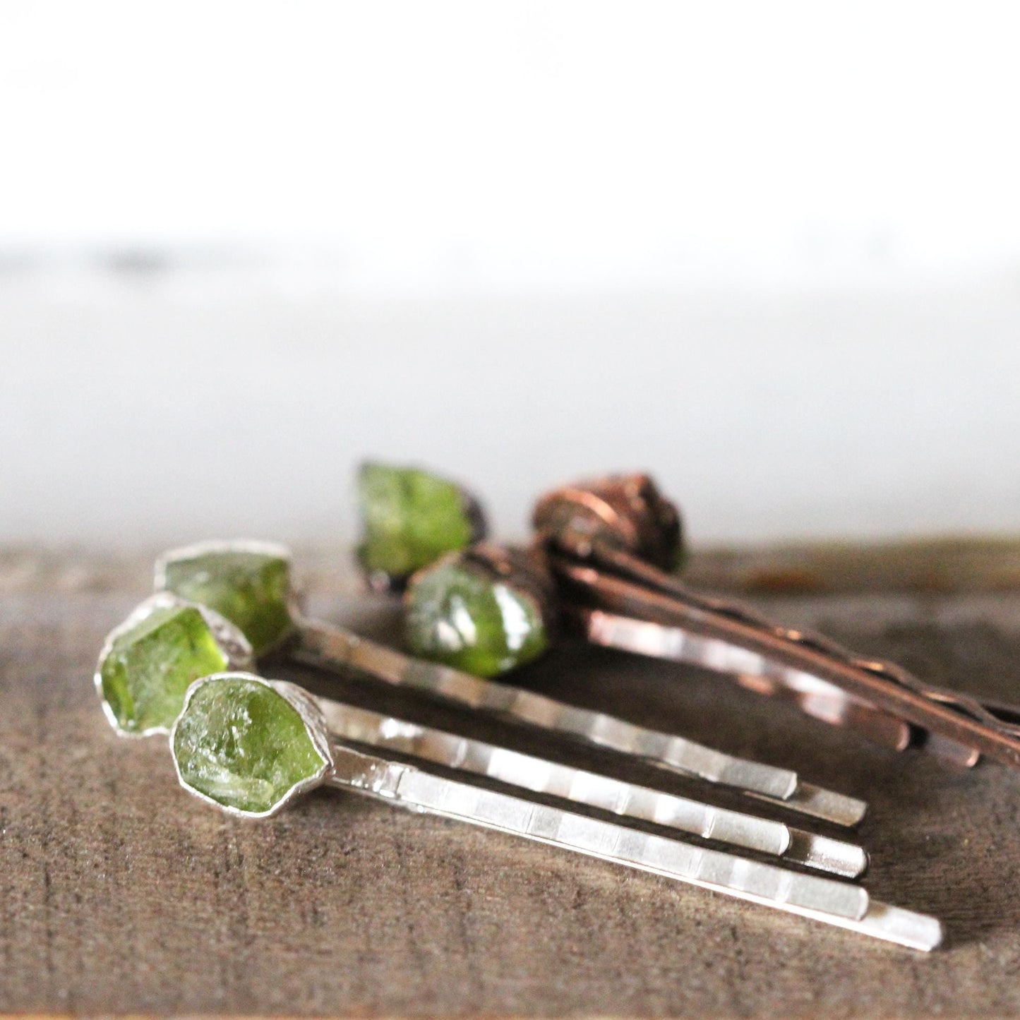 Stone Bobby Pin - Peridot Hair Pin - Copper Electroformed Jewelry - Hair Accessory