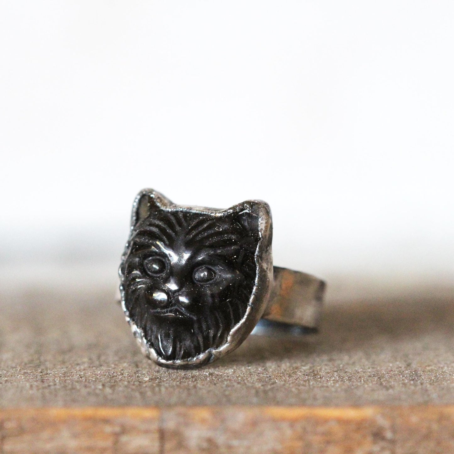 Cat Ring - Black Obsidian Jewelry - Carved Stone Ring