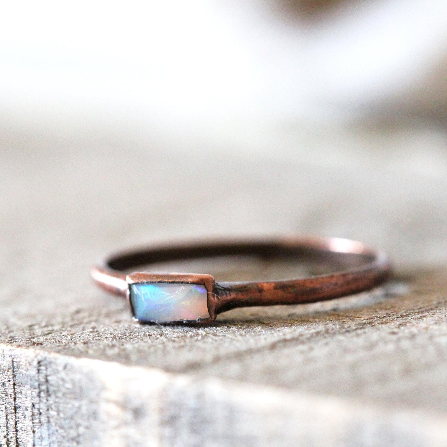Ethiopian Opal Ring - Stone Baguette - Copper or Silver