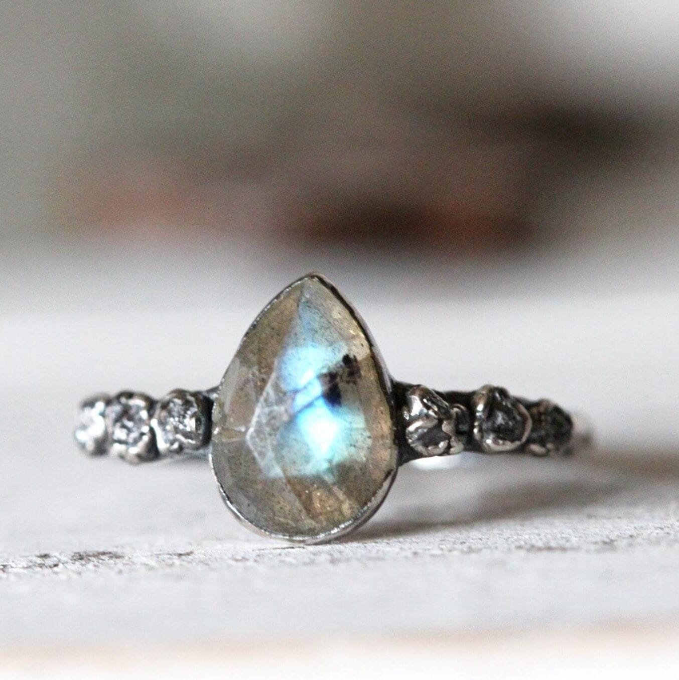 Labradorite Ring - Raw Diamond Promise Ring - March Birthstone