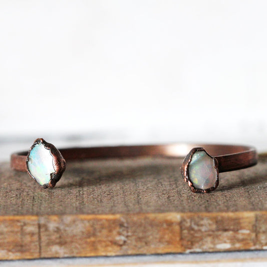 Opal Bracelet - Open Copper Cuff - Ethiopian Opal - Double Stone Bracelet