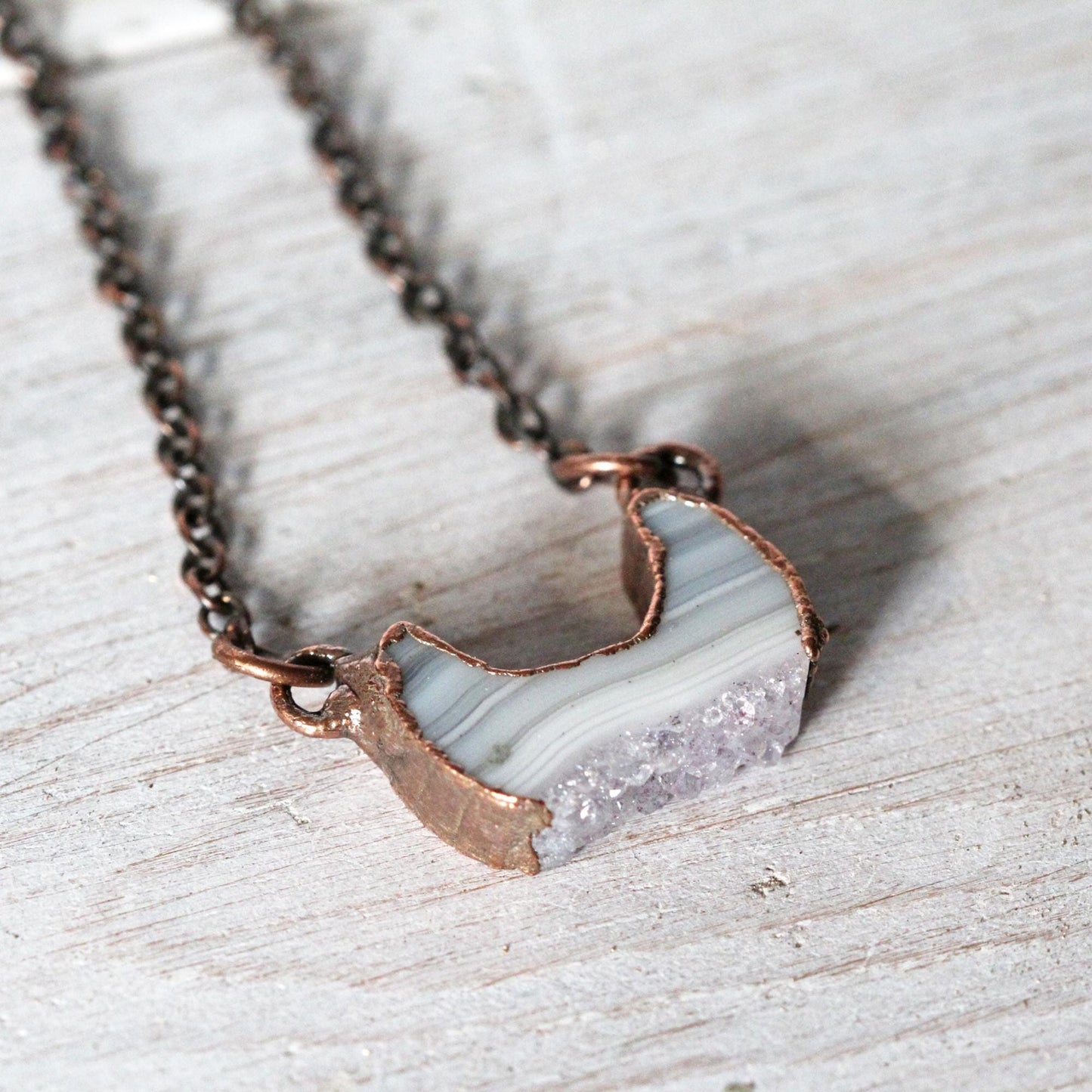 Raw Amethyst Necklace - Crystal Pendant - Half Moon Pendant - Druzy Crystal - Crescent Moon