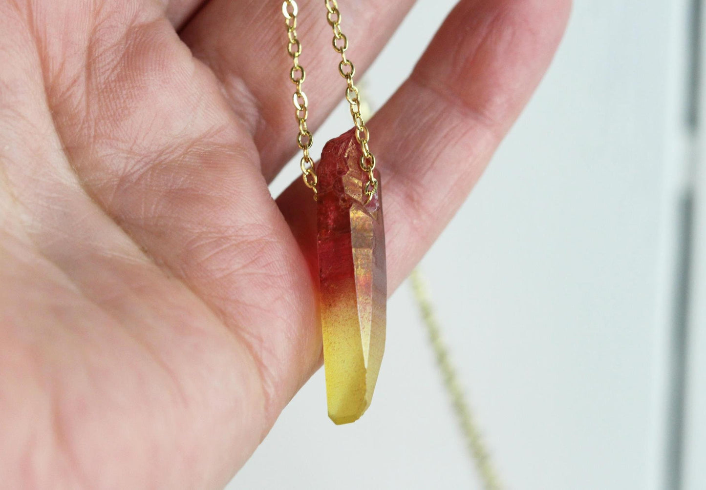 Aura Crystal Necklace - Red And Yellow Quartz - Gold Filled Chain