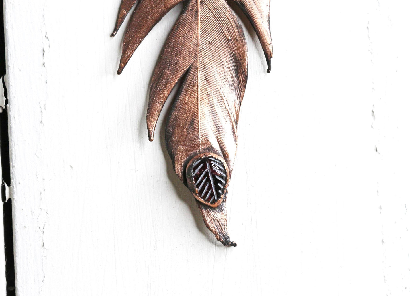Feather Necklace - Garnet Pendant - Real Copper Feather Pendant - Electroformed Feather