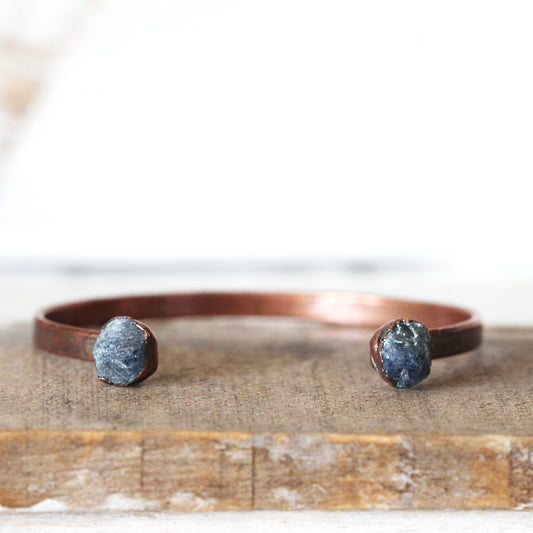 Raw Sapphire Bracelet - September Birthstone - Open Copper Cuff - Raw Crystal Bracelet - Double Stone Bracelet