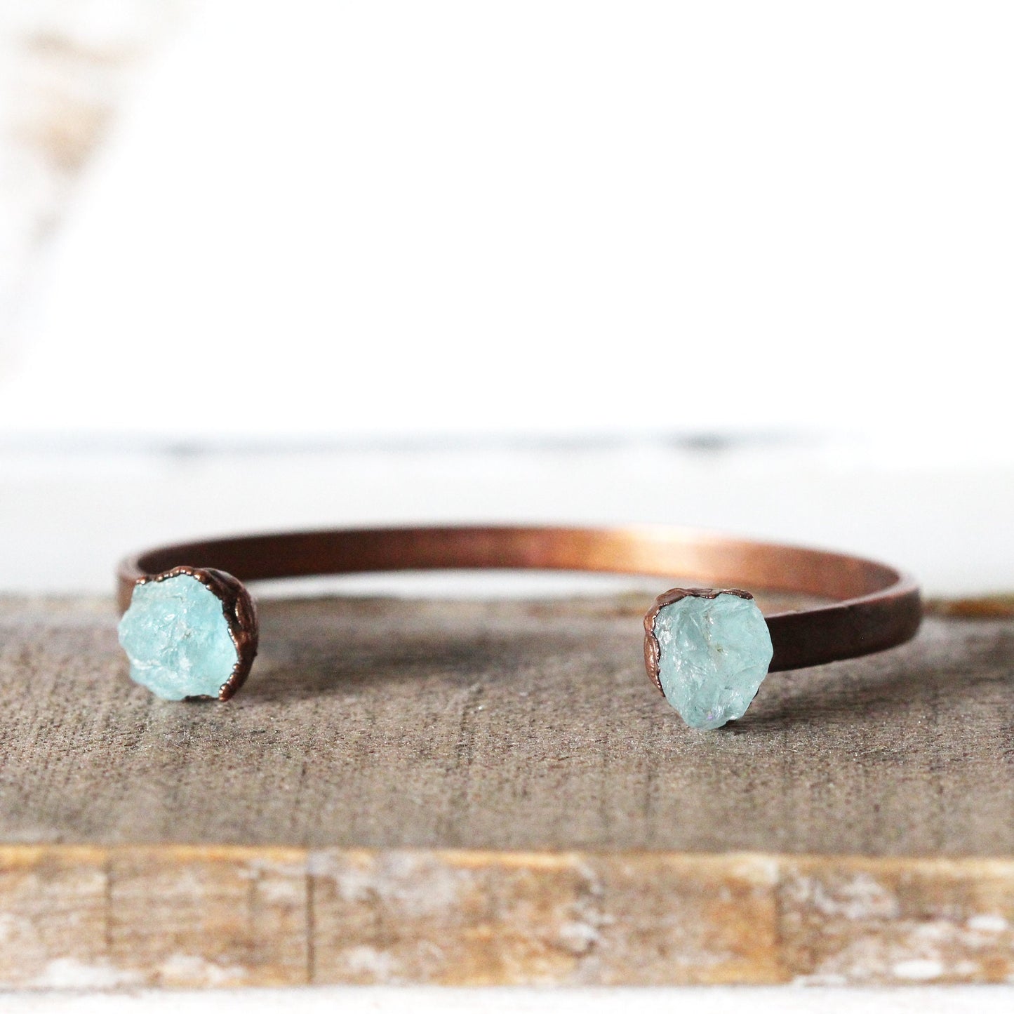 Raw Aquamarine Bracelet - March Birthstone - Open Copper Cuff - Raw Crystal Bracelet - Double Stone Bracelet
