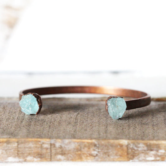 Raw Aquamarine Bracelet - March Birthstone - Open Copper Cuff - Raw Crystal Bracelet - Double Stone Bracelet