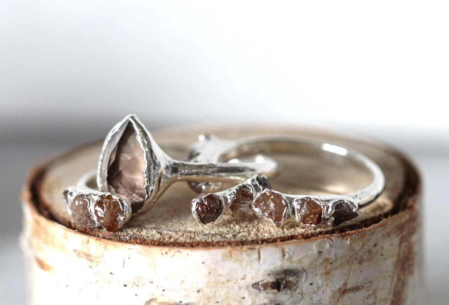 Raw Diamond Wedding Set - Engagement Set - Alternative Wedding Jewelry - Faceted Smoky Quartz Ring