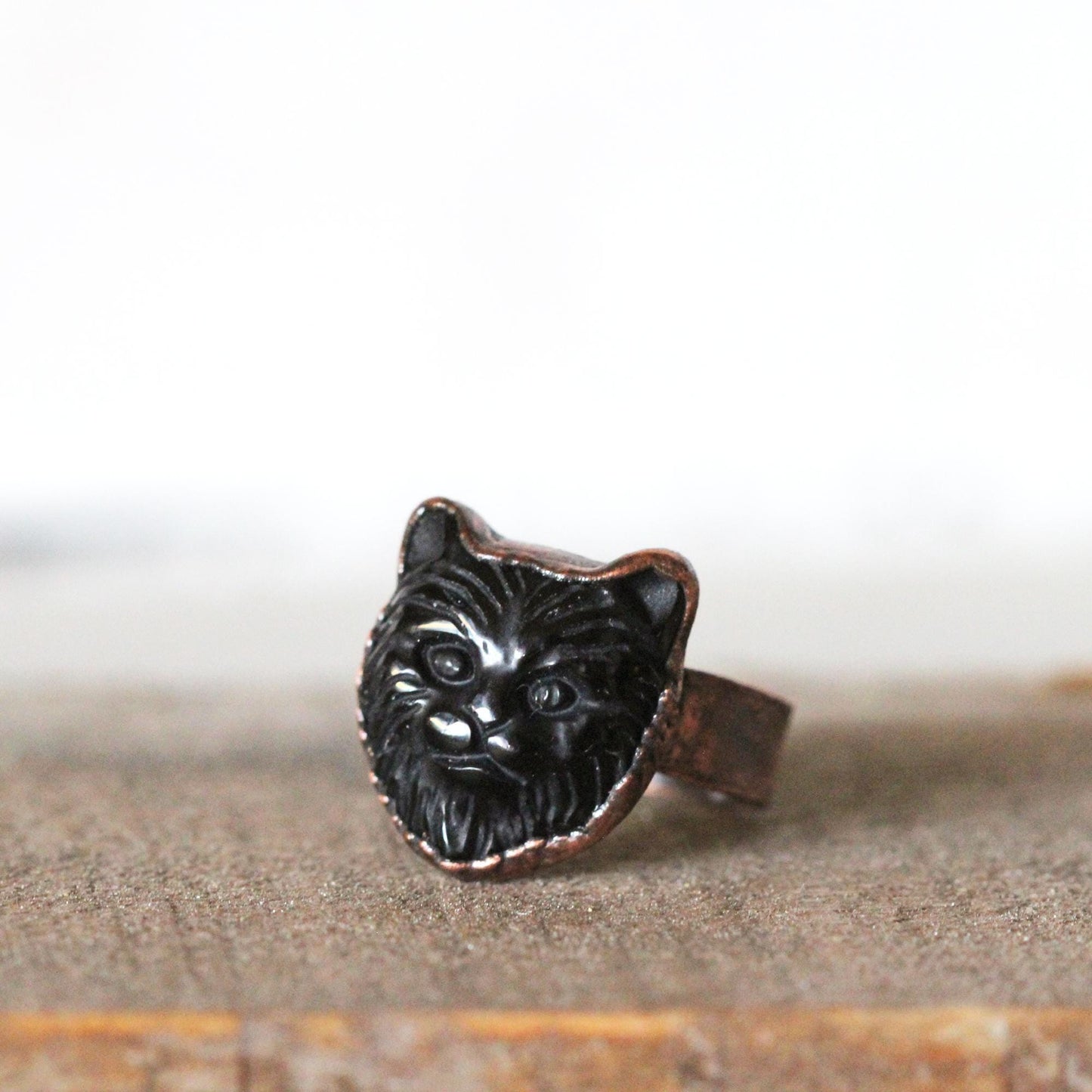 Cat Ring - Black Obsidian Jewelry - Carved Stone Ring