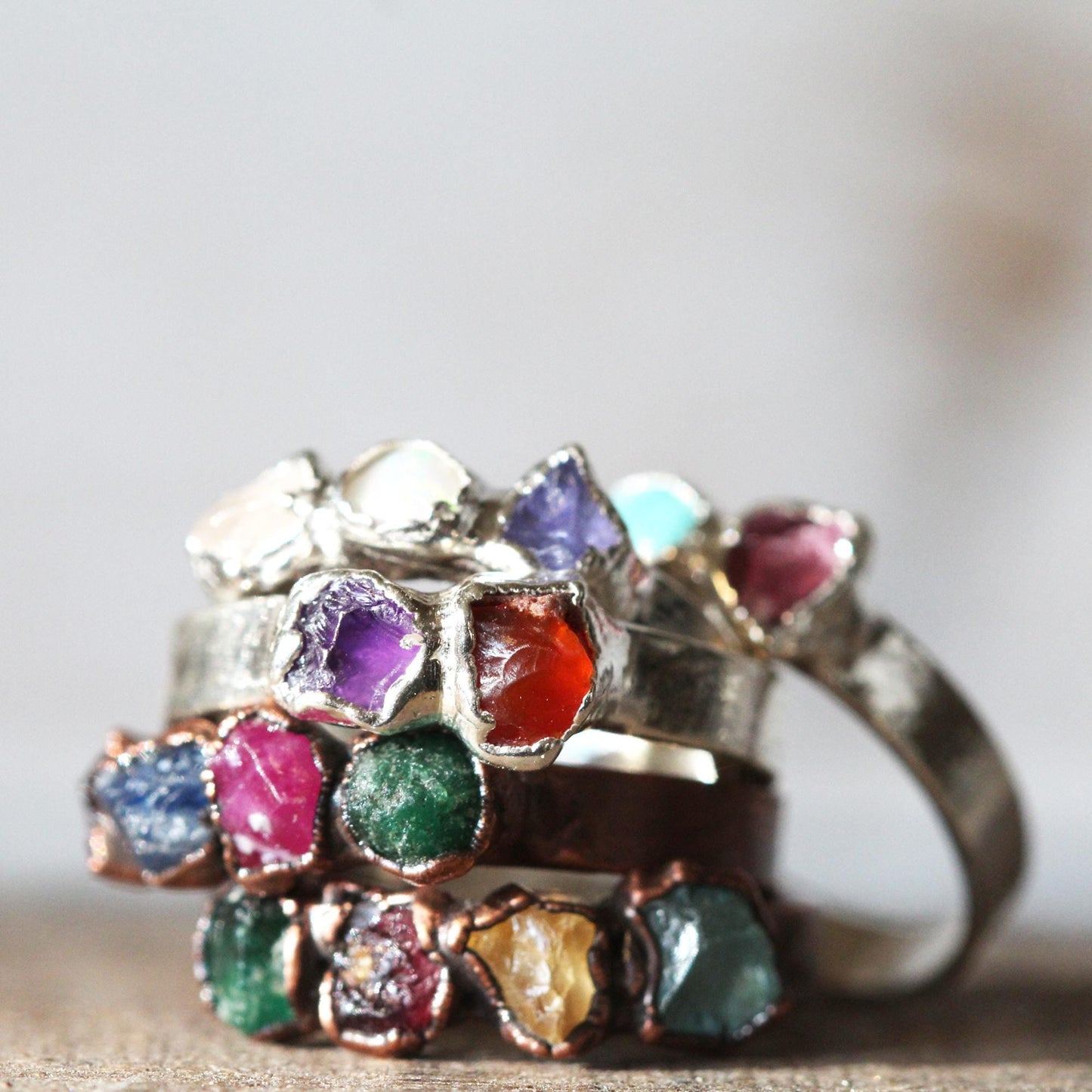 Raw Birthstone Ring - Personalized Gift for Mom - Multi Stone Crystal Ring - Mother's Day Ring