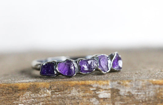Raw Amethyst Ring - February Birthstone Ring - Multi Stone Stone Ring